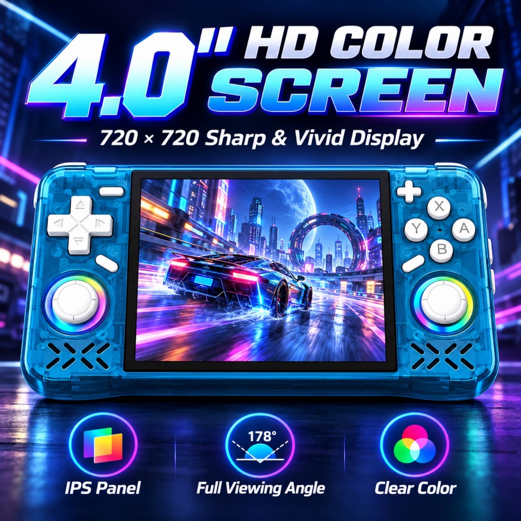 XF40H Console De Jogos Portátil Retrô De 4 Polegadas RK3326 Dispositivo Com Joystick Duplo 720x720 IPS Tela RGB Light 40