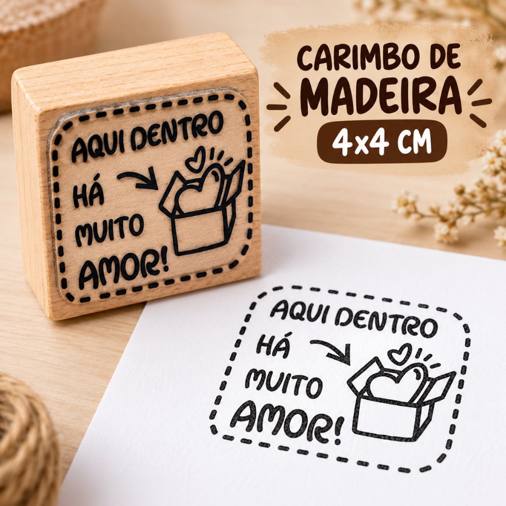 Carimbo Madeira Personalizado 4x4 Aqui Dentro Há Muito Amor Artesanato