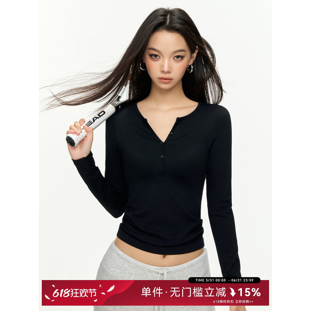 Mitaogirl Casual Henry Collar Manga Comprida Yoga Wear Feminino Slim-Fit All-Match Sportswear Elástico Respirável Fitnes
