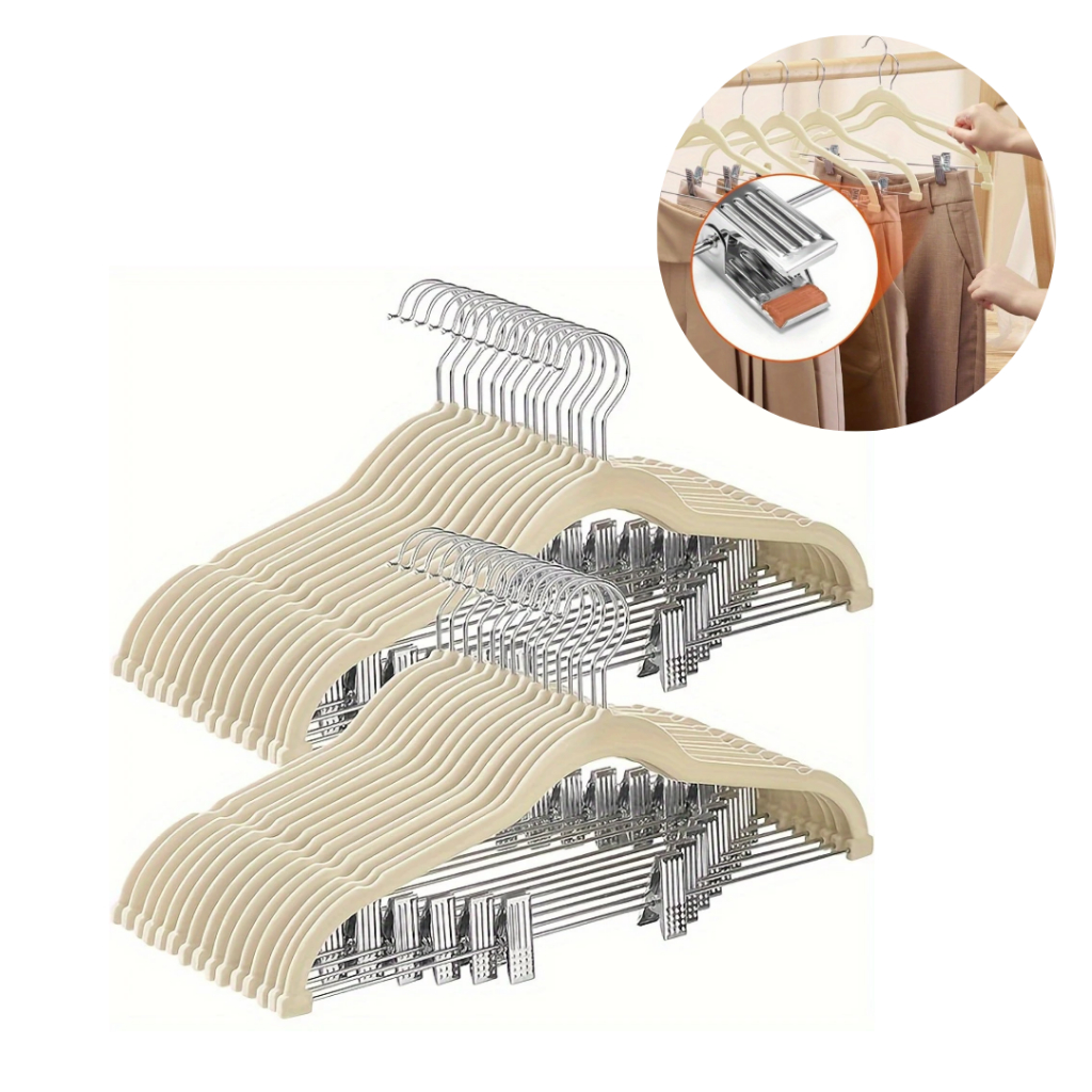 20 Cabides Veludo com Barra e Presilha de Metal Bege Off White Melhor Qualidade!