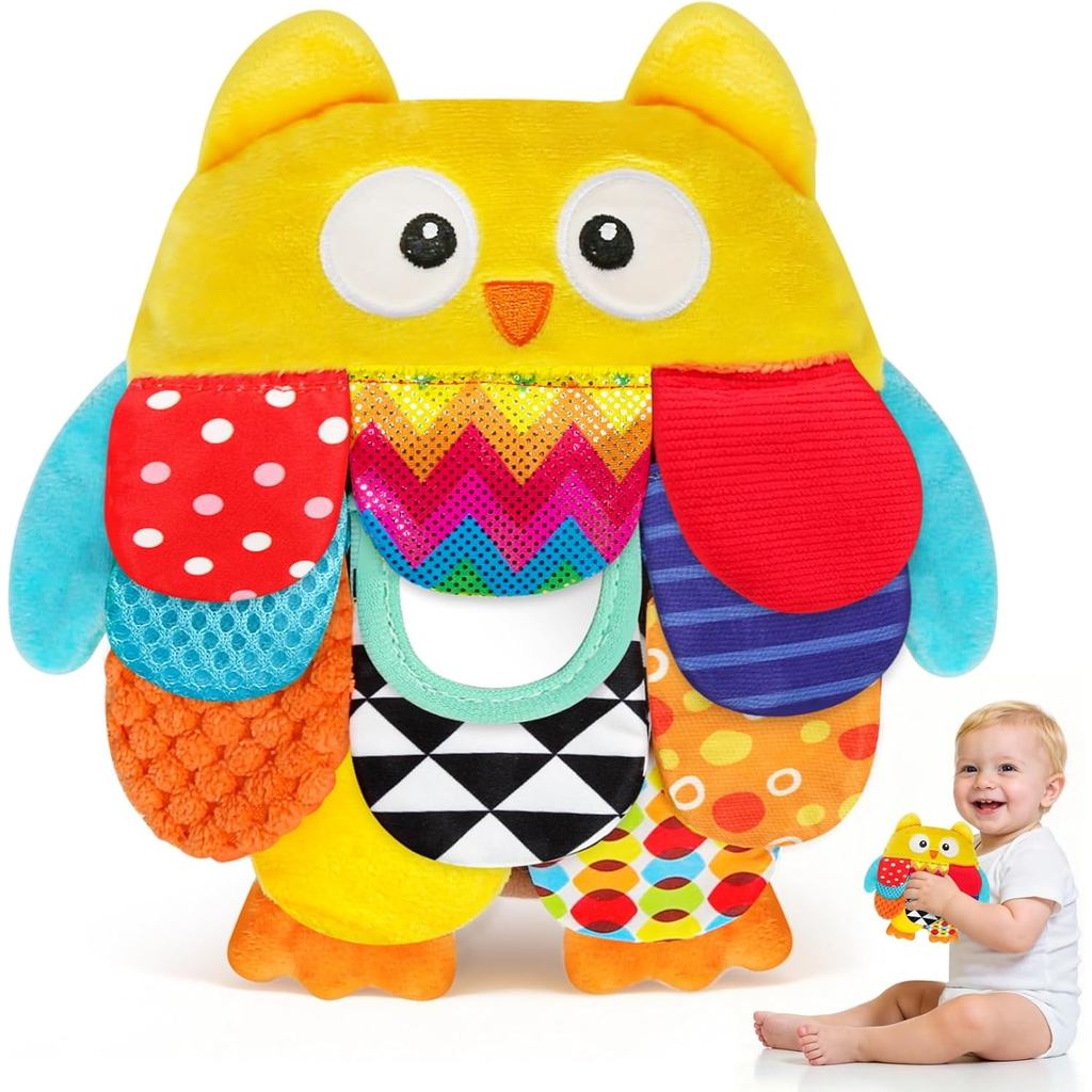 TSYAN Sensory Baby Owl Toy with Mirror, Crinkle & Squeaker–Tummy Time Educational Stuffed Animal for Infants 0-12 Months