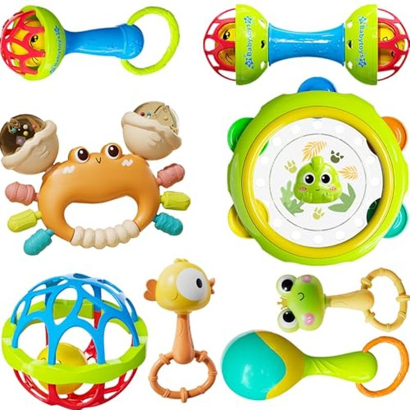 8pcs Baby Rattles Toys Set for 3-6 Months,Grab Shake Rattle for Babies 6-12 Months, Easy Hold Teething Toy,Development L
