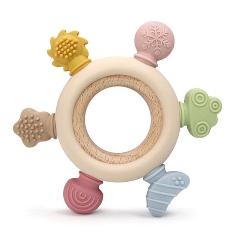 Baby Teether Ring for 0–12 Months, Detachable Wooden Silicone Teether with Easy-Grip Round Design, Sensory Teething Toy