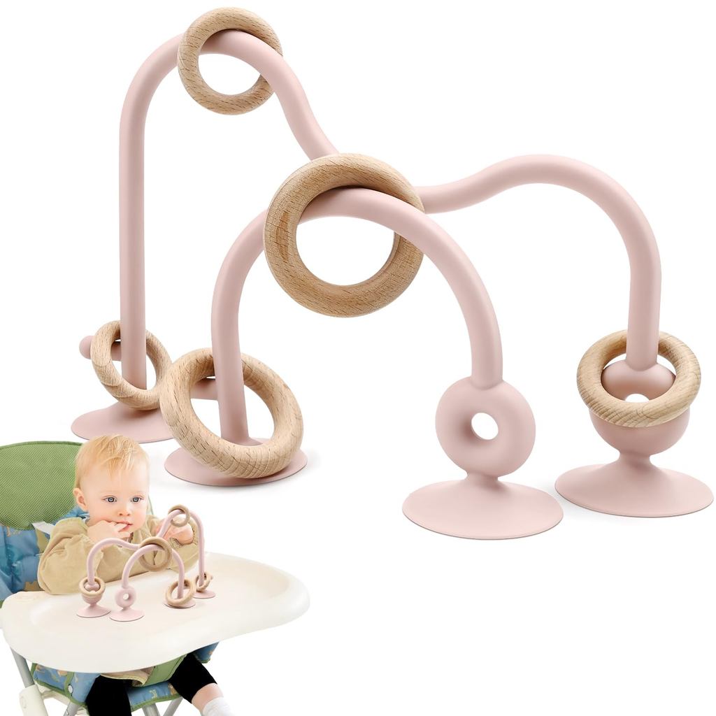 Baby Sensory High Chair Suction Toys for Infant Toddlers 12 18 Months, Food Grade Silicone String with Oak Loop Montesso
