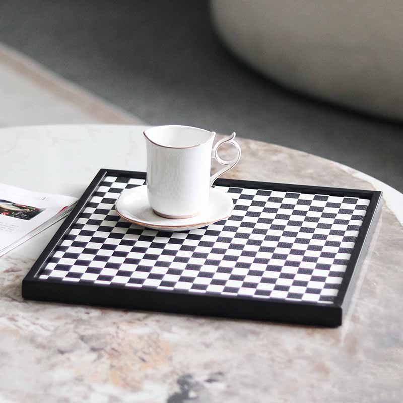 Black and white checkered leather tray ornament for entryway, living room, bedroom, and dressing room; a light luxury de