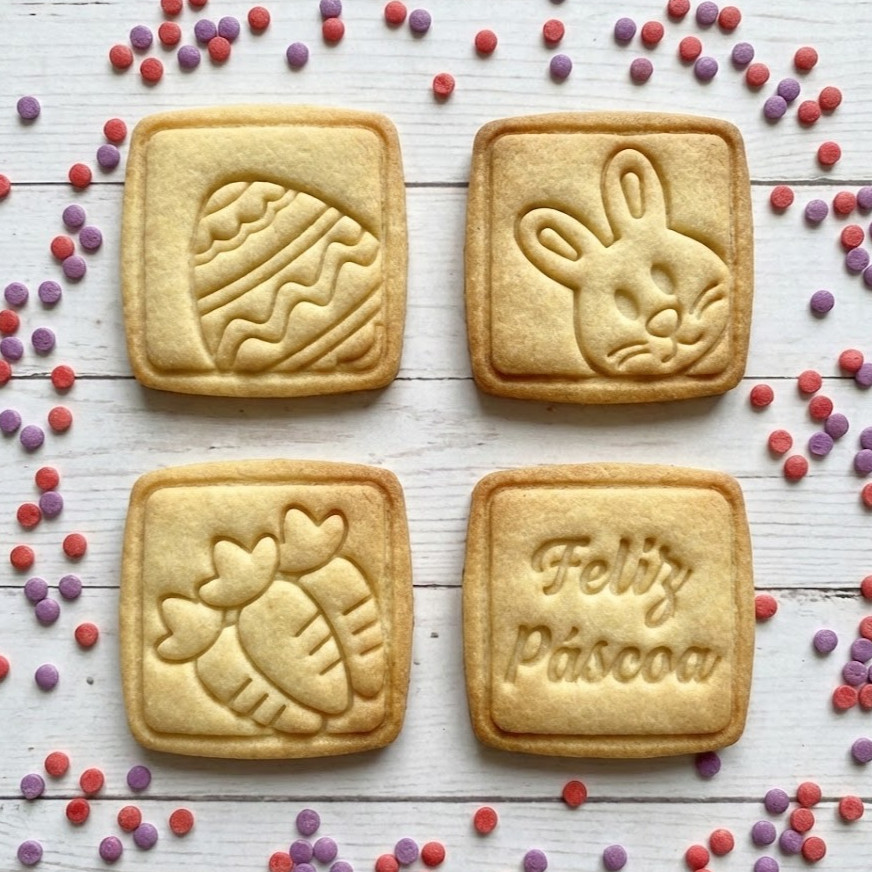 Cortador Quadrado Marcador Páscoa para Biscoitos e Cookies 4PÇS Kit Feliz Páscoa, Coelho, Ovo e Cenoura Confeitaria
