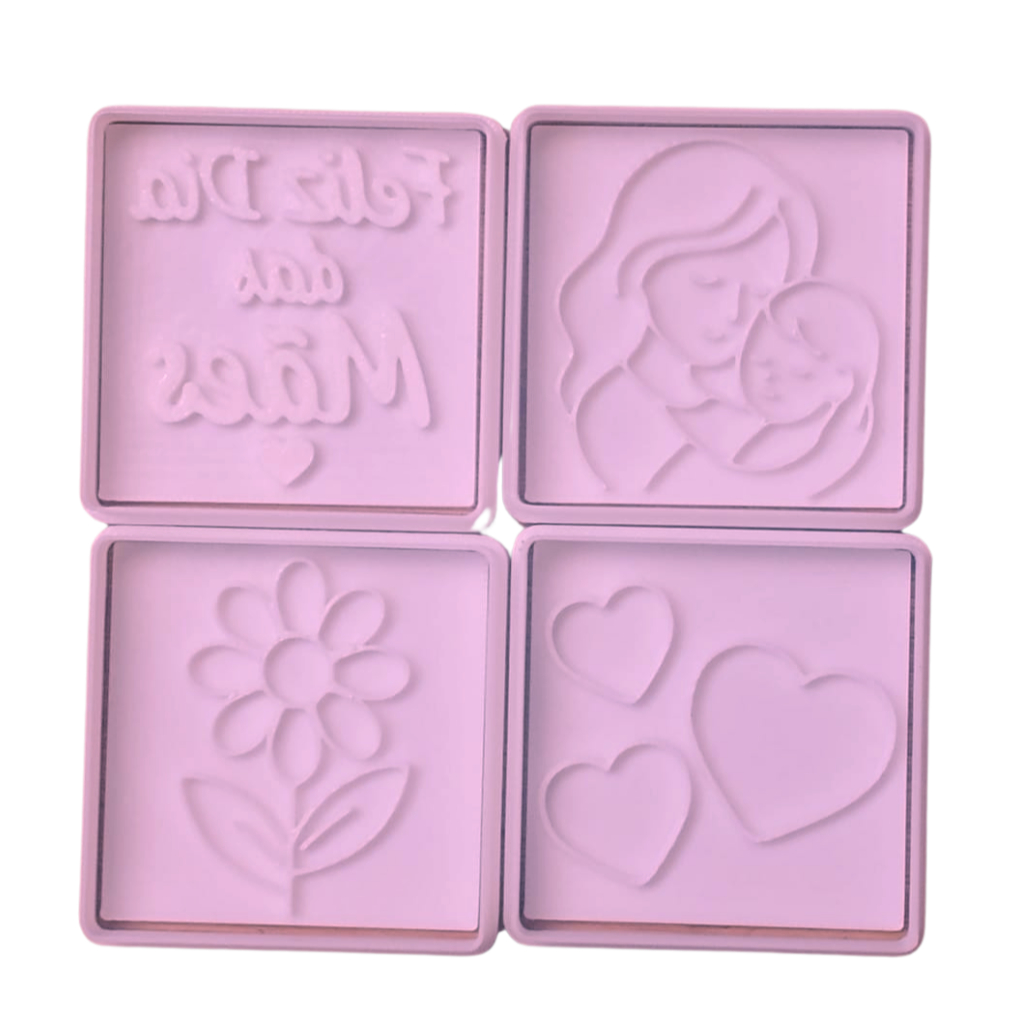 Kit com 4 Cortadores de Biscoito Decorado Confeitaria Dias das Mães Quadrado CT12210T