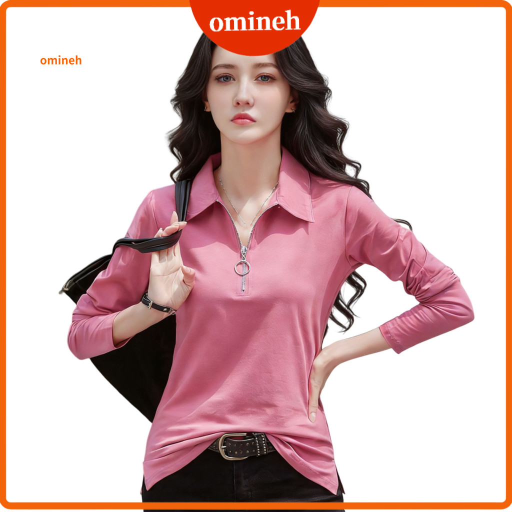 Solid Color Top Regular Fit T-shirt Women’s Slim Long Sleeve Pullover with Lapel Zipper Half Placket – Stretchy Tee