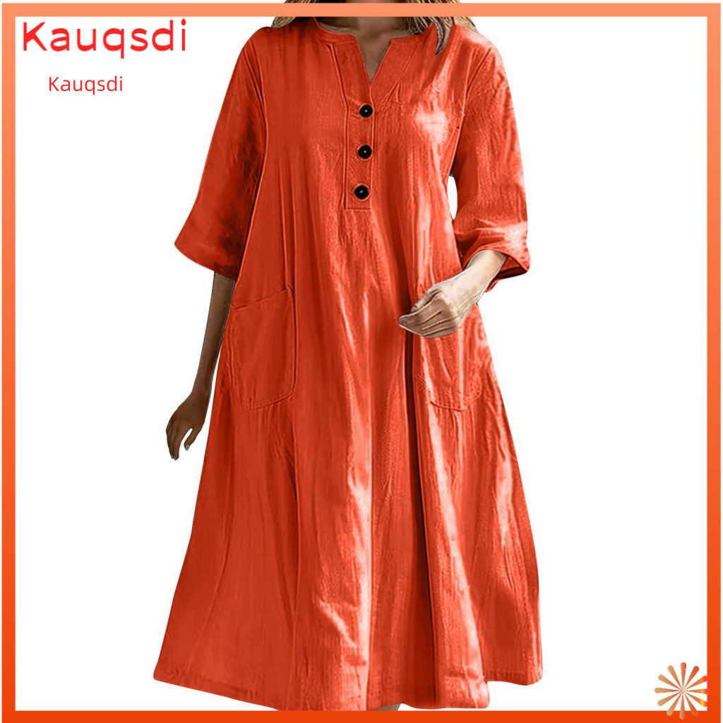 Loose Cut Dress V-neck Summer Spring Women’s Midi with Pockets Buttoned V Neck Pleated A-line Hem Half Sleeves – Par