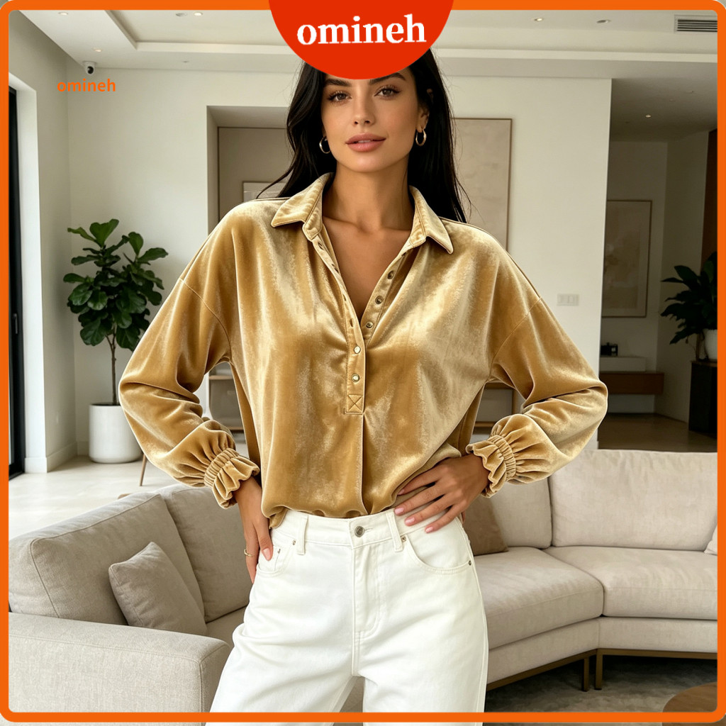 Shirts Relaxed Fit Blouses Women’s Fall Winter Velvet Shirt – Half Button-up Long Sleeve Blouse with Ruffle Cuffs Lo