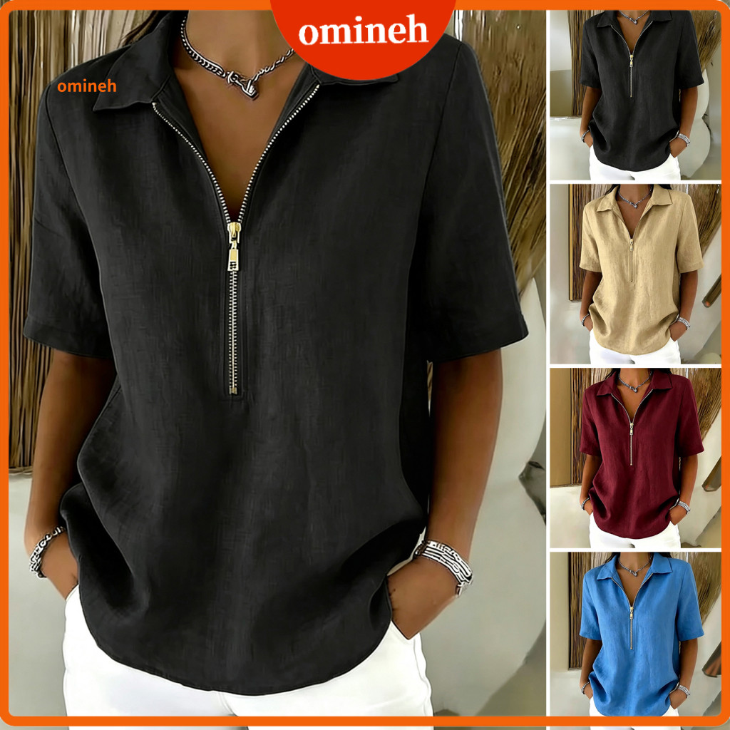 Skin-friendly Women Top Half-zip Shirt Women’s Lapel Zipper Pullover Short Sleeve Half Placket Blouse Regular Fit Soli
