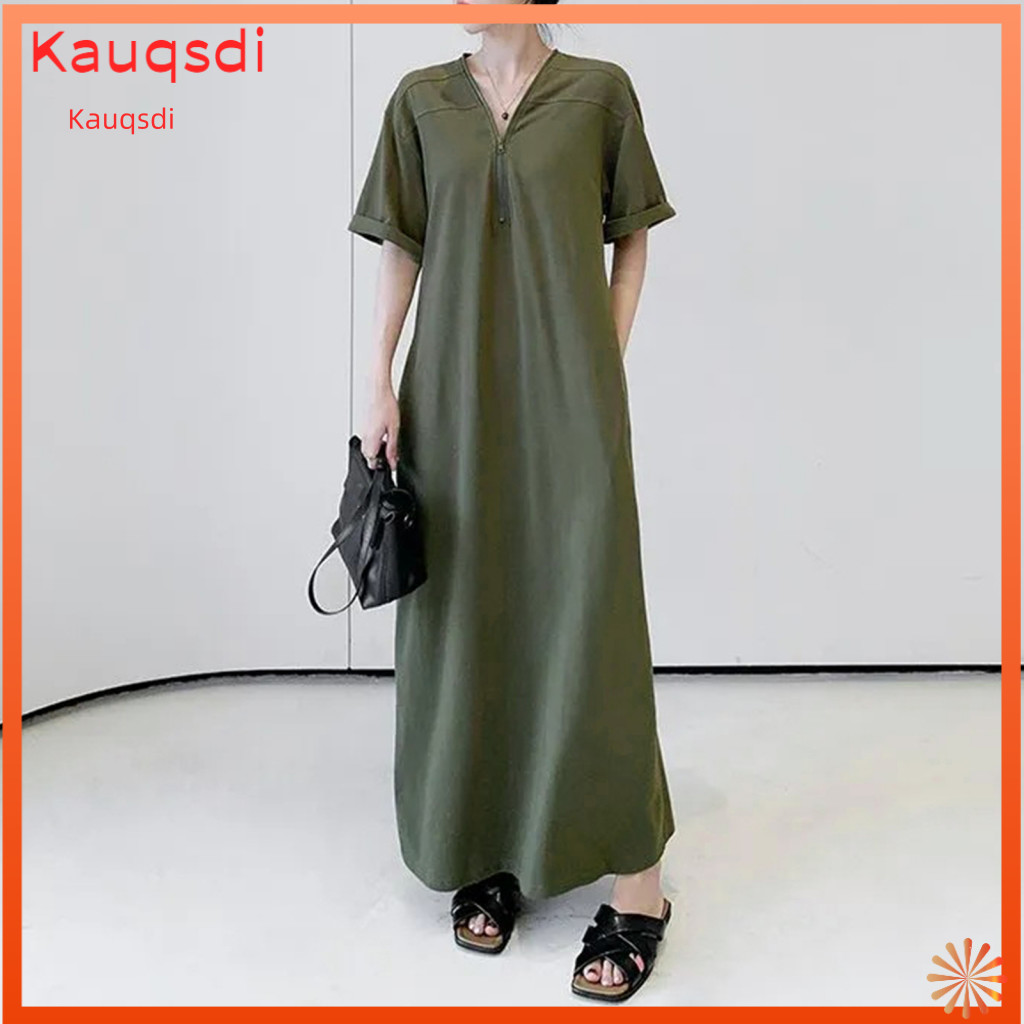Women Solid Color Dress Loose Style Women’s Summer Short Sleeve Maxi with Half Zip V Neck and Pockets – Beach Vacati