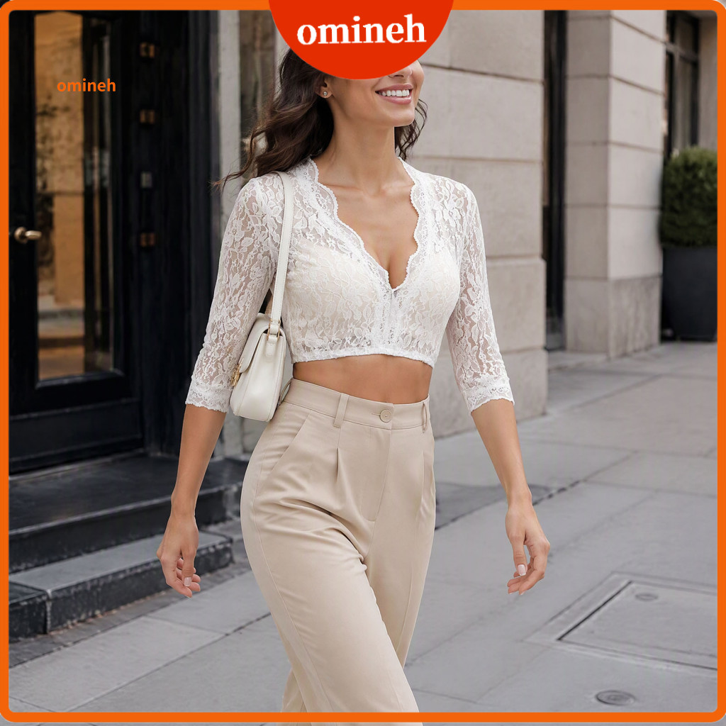 Oktoberfest Costume Short Sleeve Blouse Women’s Sheer Lace Crop Top V-neck Half for Dirndl Shirt Stylish Festival Wear