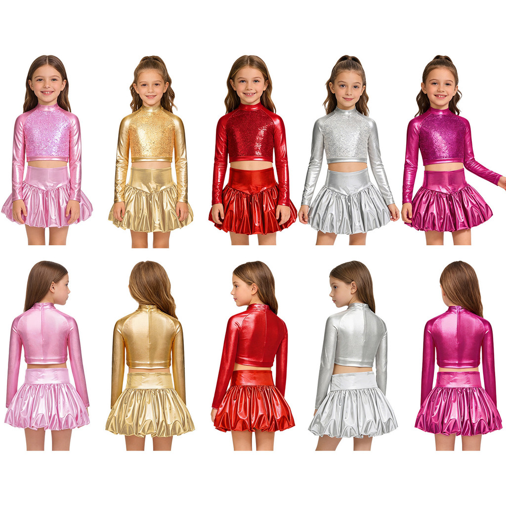 inhzoy Kids Girls Dance Performance Outfit Mock Neck Long Sleeve Sequin Metallic Crop Top with Shiny Bubble Skirt