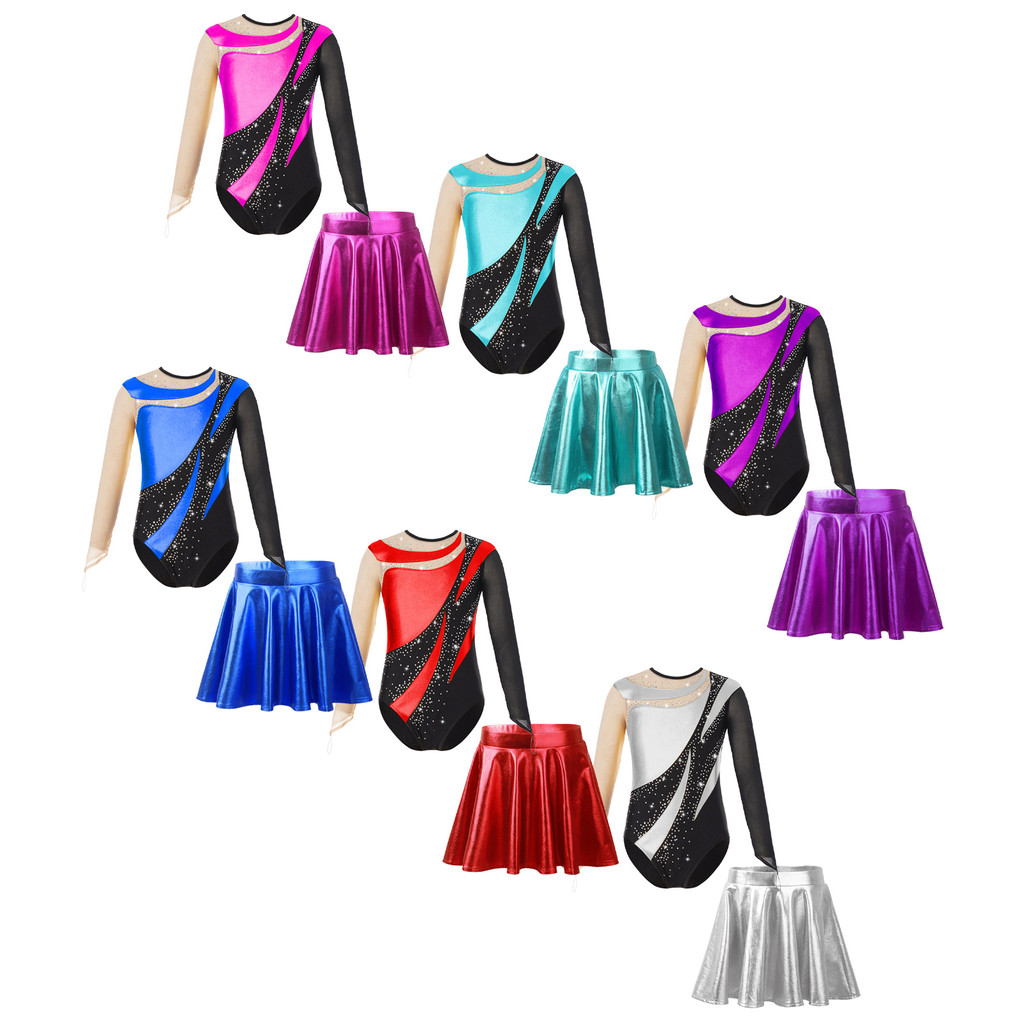 inhzoy Kids Girls Gymnastics Dance Outfit Mesh Long Sleeve Keyhole Back Patchwork Leotard with Metallic Flared Skirt