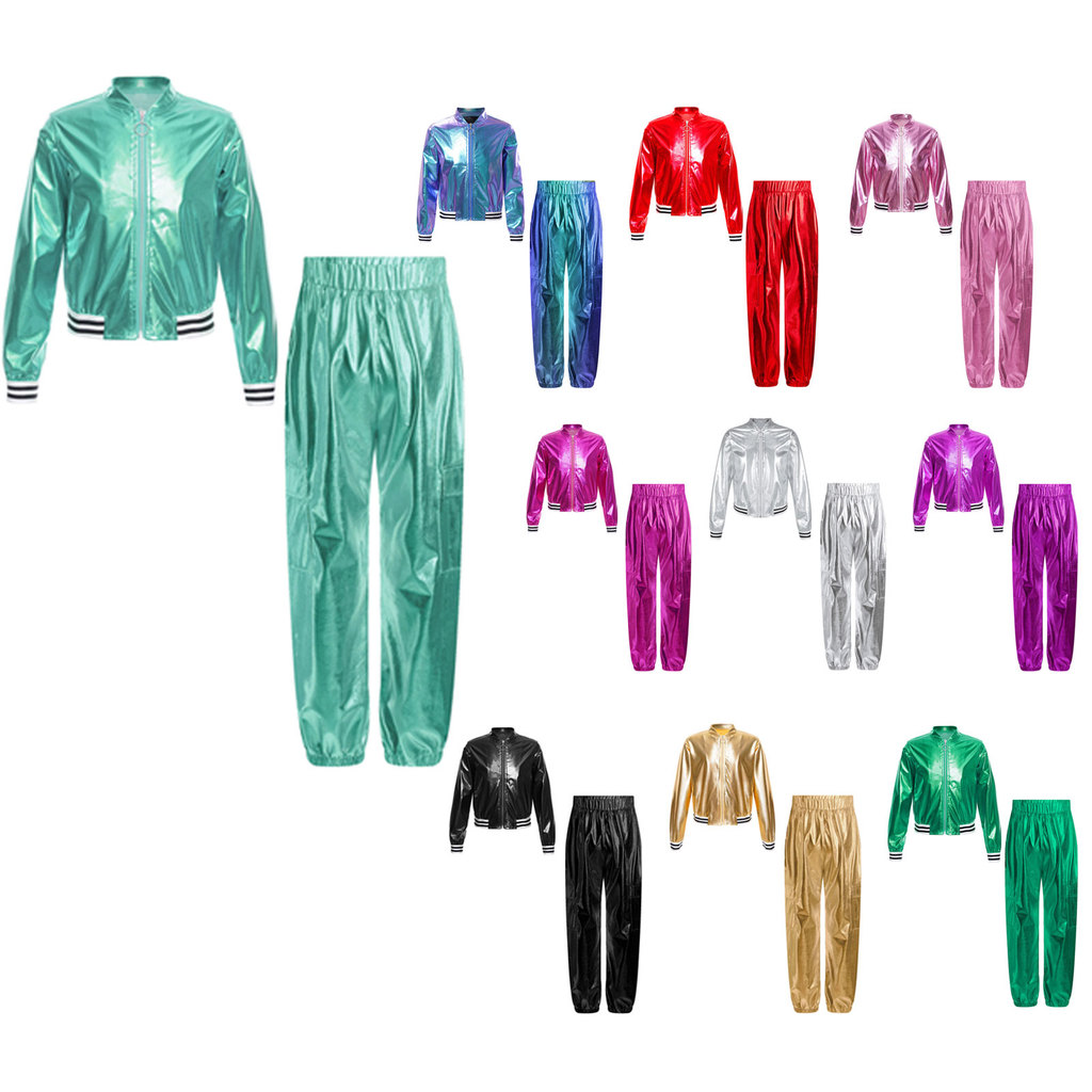 inhzoy Kids Girls Hip-hop Jazz Dance Performance Costume Long Sleeve Stand Collar Zipper Metallic Jacket with Pants