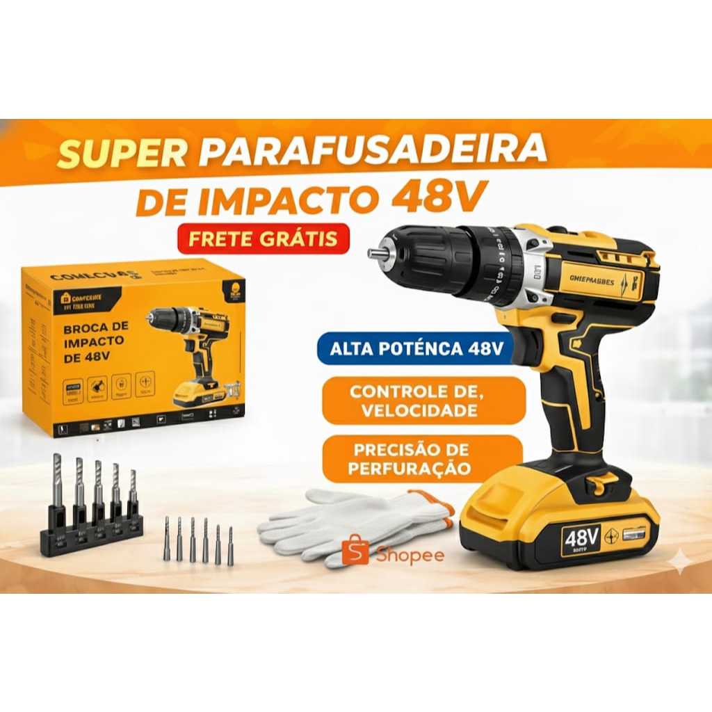 Parafusadeira Furadeira 48v Bateria litio controle de rotação