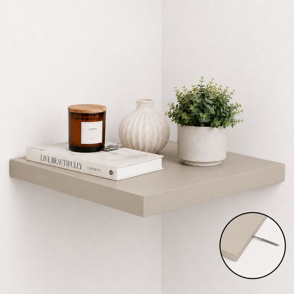 Prateleira de Canto Bege Areia 20x20 Grossa 30mm MDF Suporte Invisível