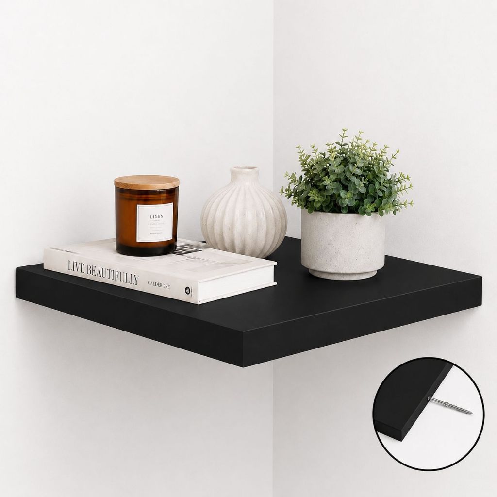 Prateleira de Canto Preto 20x20 Grossa 30mm MDF Suporte Invisível