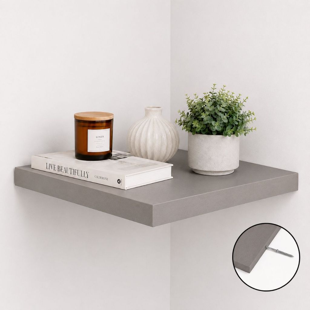 Prateleira de Canto Cinza 20x20 Grossa 30mm MDF Suporte Invisível