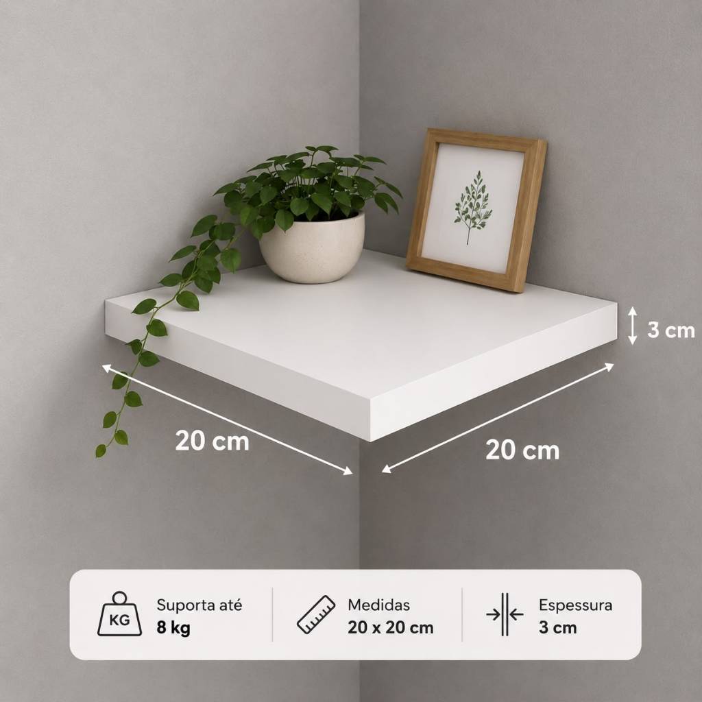 Prateleira de Canto Grossa 20x20 Madeira Branca 30mm MDF Suporte Invisível