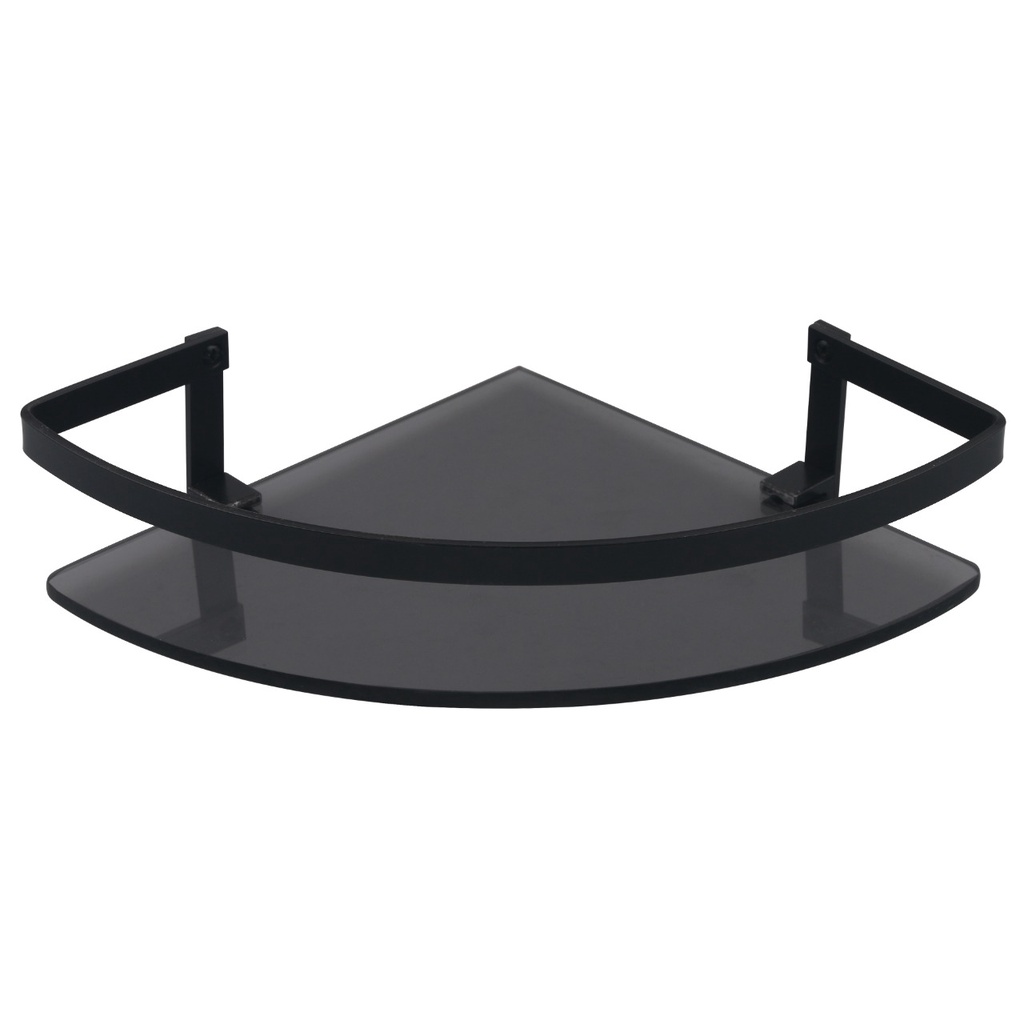 PORTA SHAMPO COM SUPORTE PRATELEIRA DE CANTO EM VIDRO, FUME PRETO COM SUPORTE E FIXACAO COMPLETO