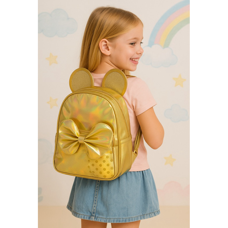 Mini Mochila Infantil Minnie, cores neon, material sintético plástico. detalhes em bolinhas na estampa.