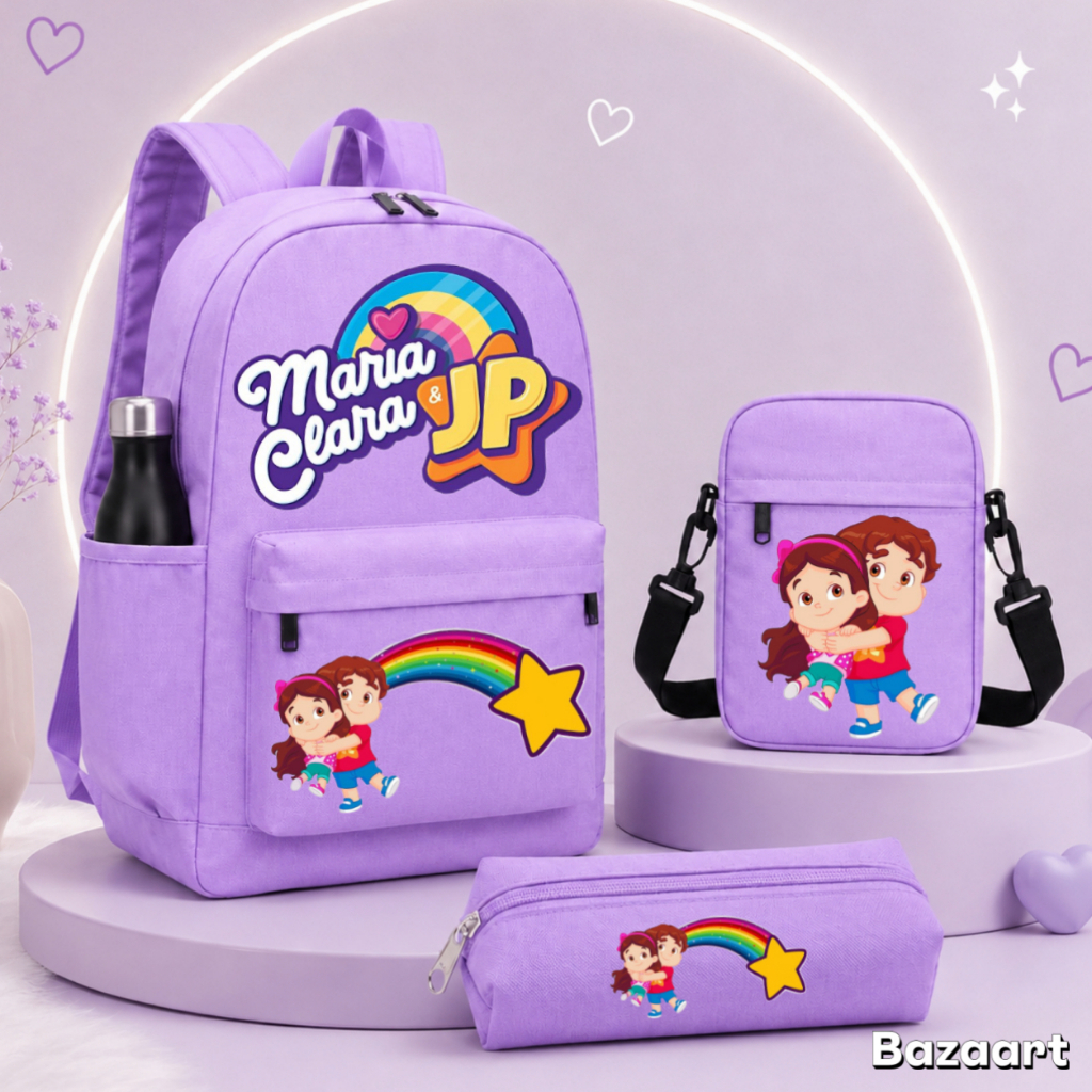 Kit 3 Peças Maria clara e JP Mochila + Mini Bag + Estojo Lindo ideal Para Escola Dia a Dia Lindo E Material Nylon 600