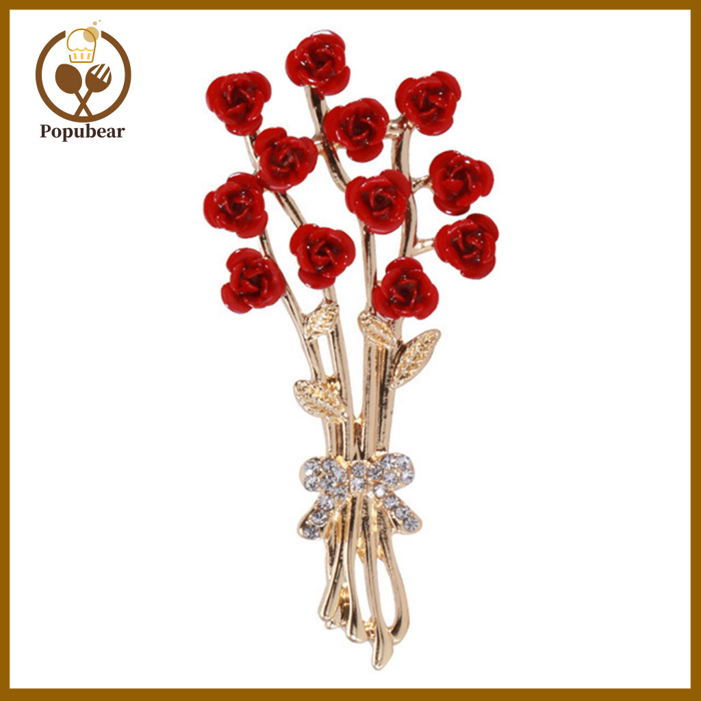 Bouquet Shape Brooch Pin Women Enamel Rose Flower Korean Style Shiny Rhinestone Inlay Dress Coat Badge Jewelry Accessori
