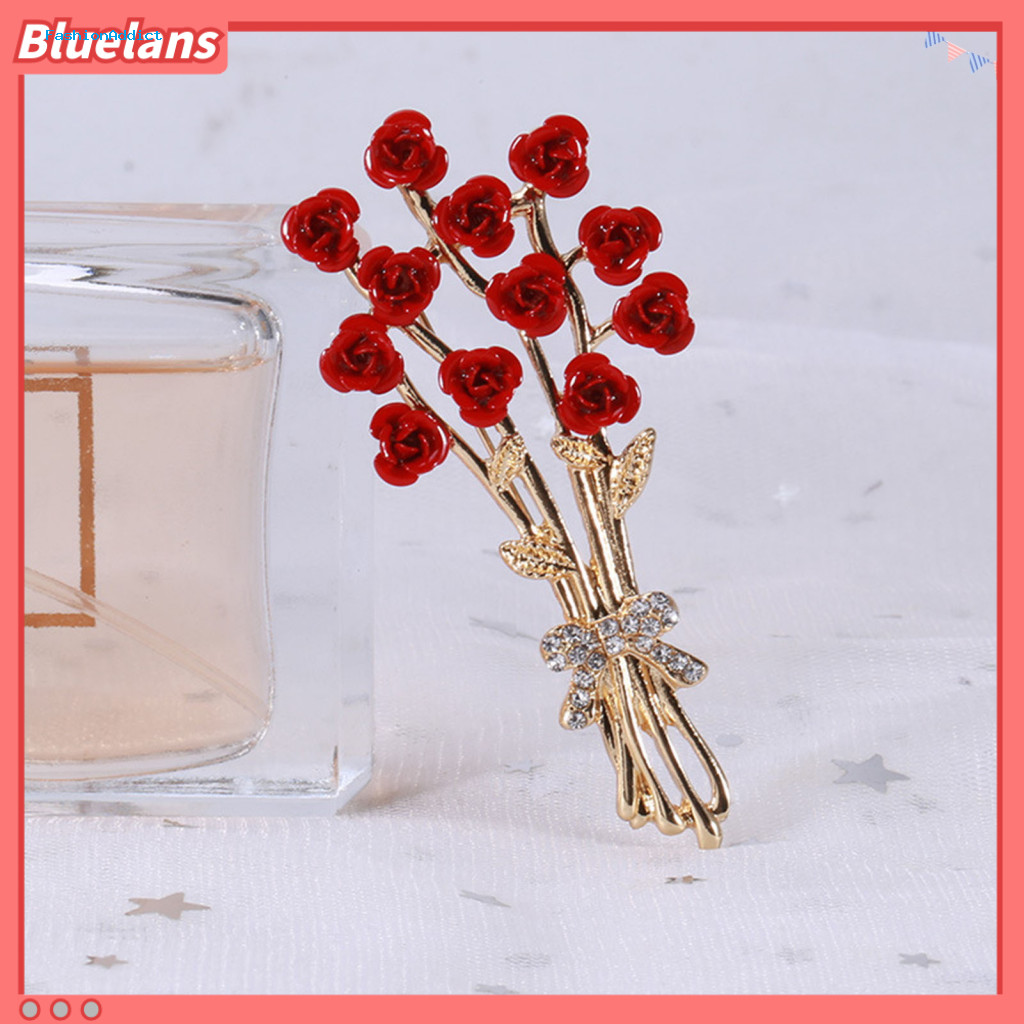 Women Brooch Pin Exquisite Workmanship Enamel Rose Flower Korean Style Shiny Rhinestone Inlay Dress Coat Badge Jewelry A