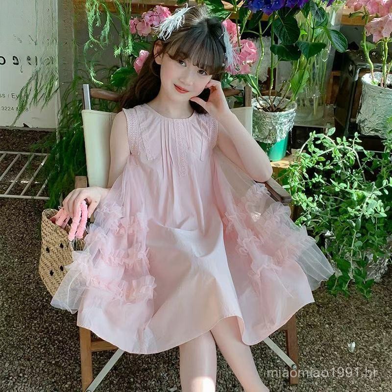 YI 1-15 Years Old Girls Sleeveless Round Neck Gauze Korean Version Dress New Style Fashionable Girls Middle Big Children