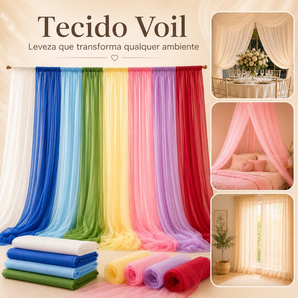 Tecido Voil Voal Liso 10 Metros x 3m de Largura Várias Cores para Cortina Festa e Decoração