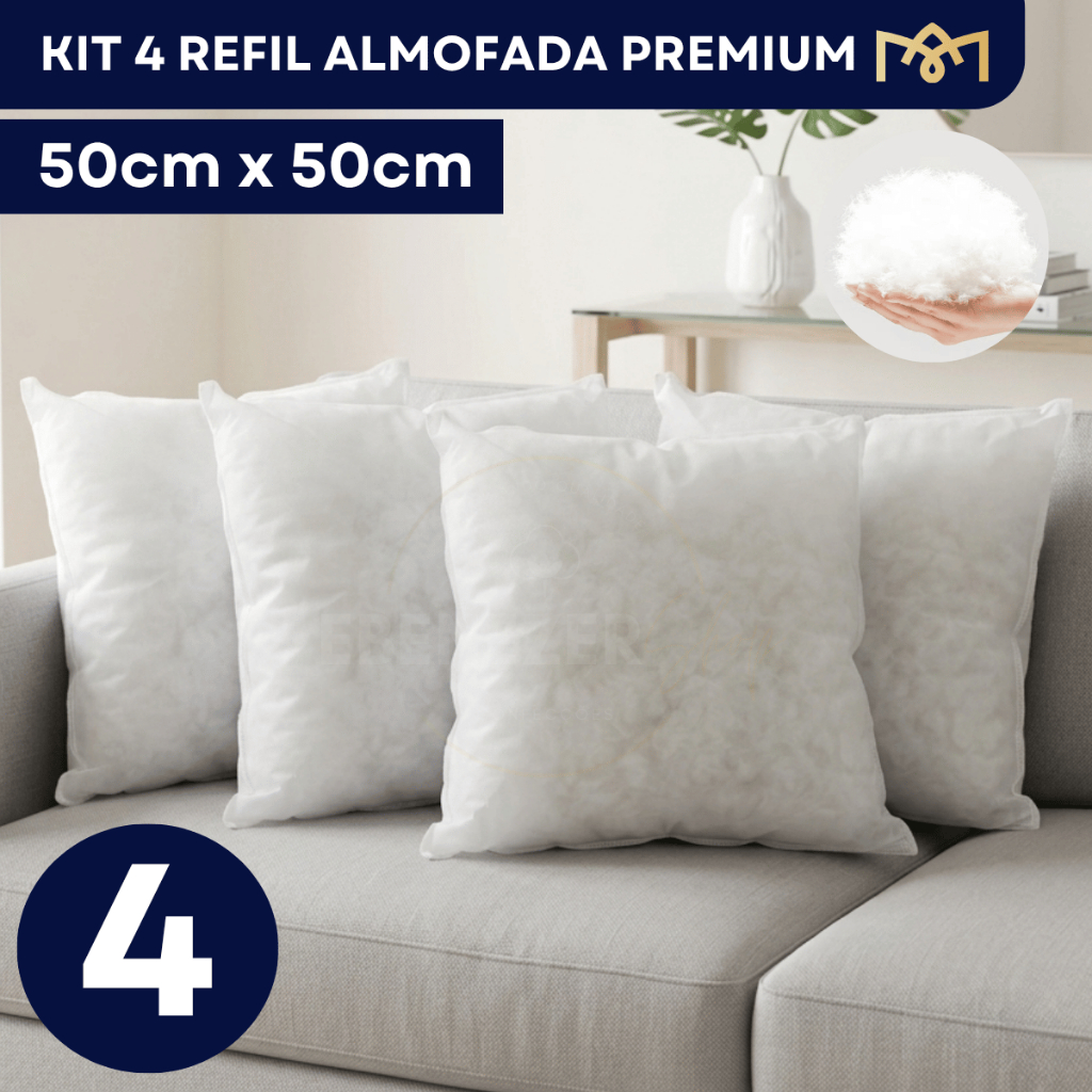 Kit 4 Enchimento de Almofada 50x50cm Refil em Fibra Siliconada Hipoalergênico Antimofo Antialérgico
