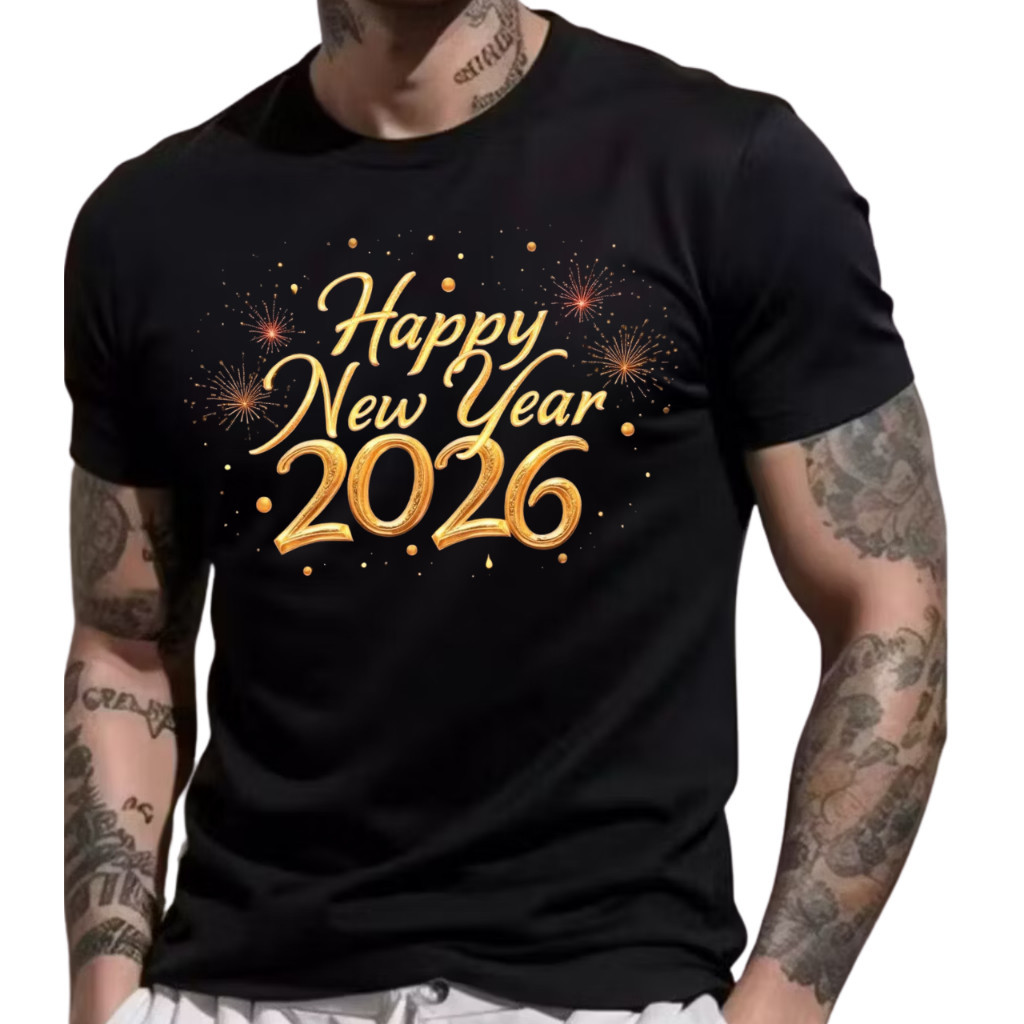Camiseta Premium Réveillon Feliz Ano Novo 2026 Camisa Estampada 100% Algodão Happy New Year Natal