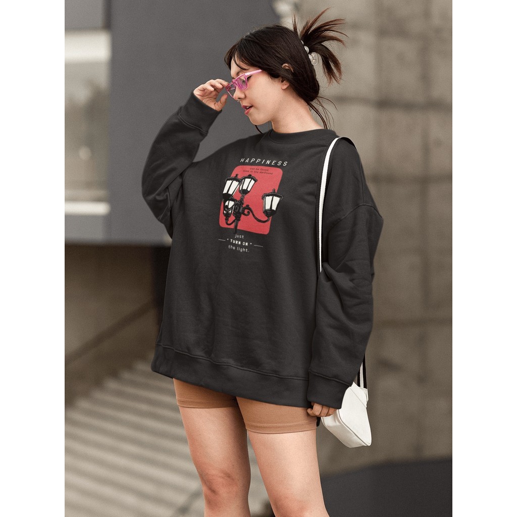 Moletom Blusa de Frio Básico Estiloso Feminino Estampado Gola Redonda Confortável 100% Algodão - Happy
