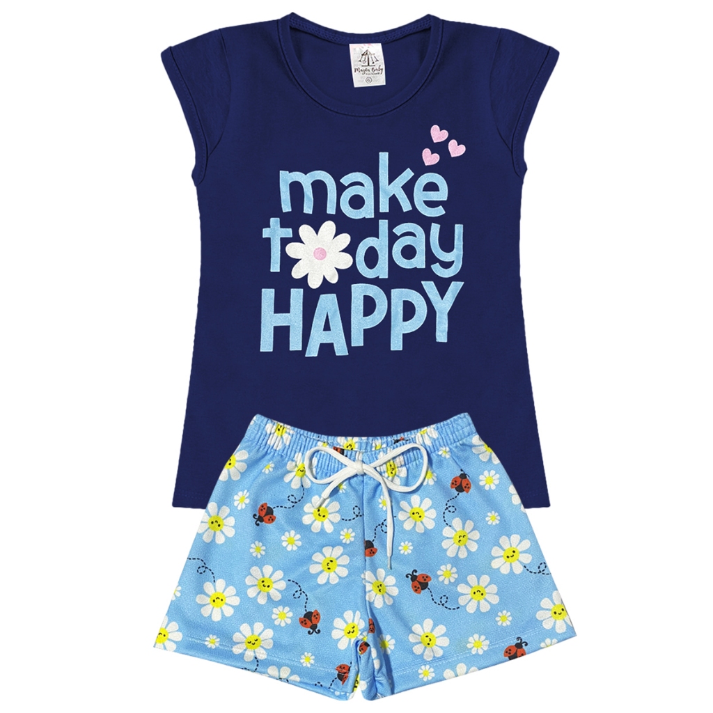Conjunto Infantil Shorts Estampado Happy Feminino - Duas Peças: Shorts + Camiseta - Tamanho 04 a 08