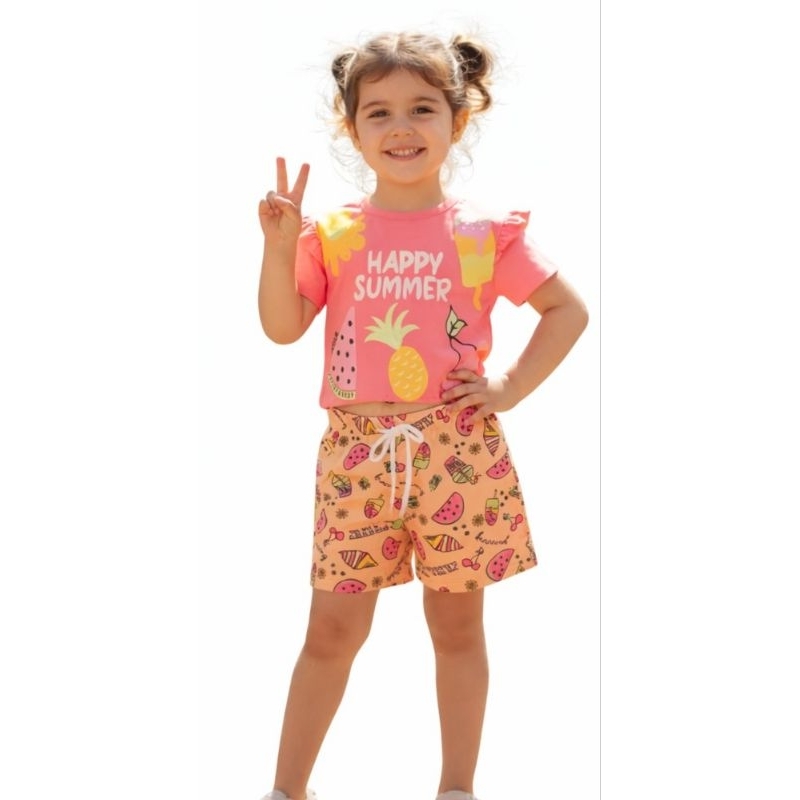 Conjunto Infantil Feminino Happy Summer Verão – Cropped + Short Estampado. De 8 a 12 anos.