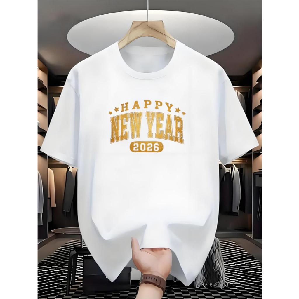 Camiseta Masculina Algodão Happy New Year 2026 Estampada Ano Novo Gola Redonda Oversized Reveillon
