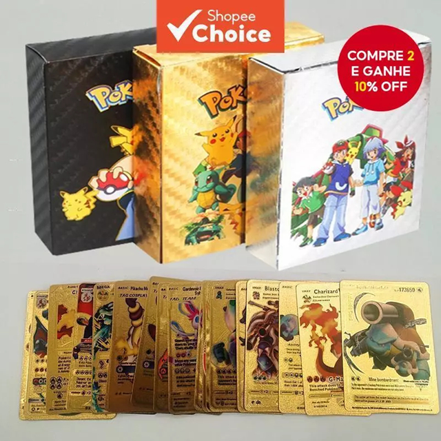 Kit Cartas Pokémon Gold Metal Charizard Pikachu Cards Edição Ouro Rara Coleção Vmax Energy