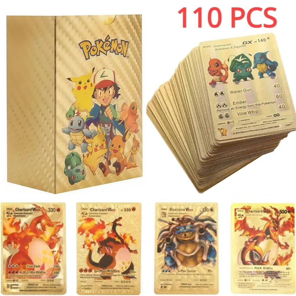 55-110 peças de cartas Pokémon com acabamento dourado e letras douradas, série em inglês, incluindo Charizard VMAX/GX,