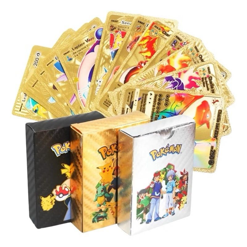 Kit Pokém 55 Cartas TCG Raras Douradas Prata Preto Coloridas Vmax Coleção Batalha Treinador Infantil Colecionáveis