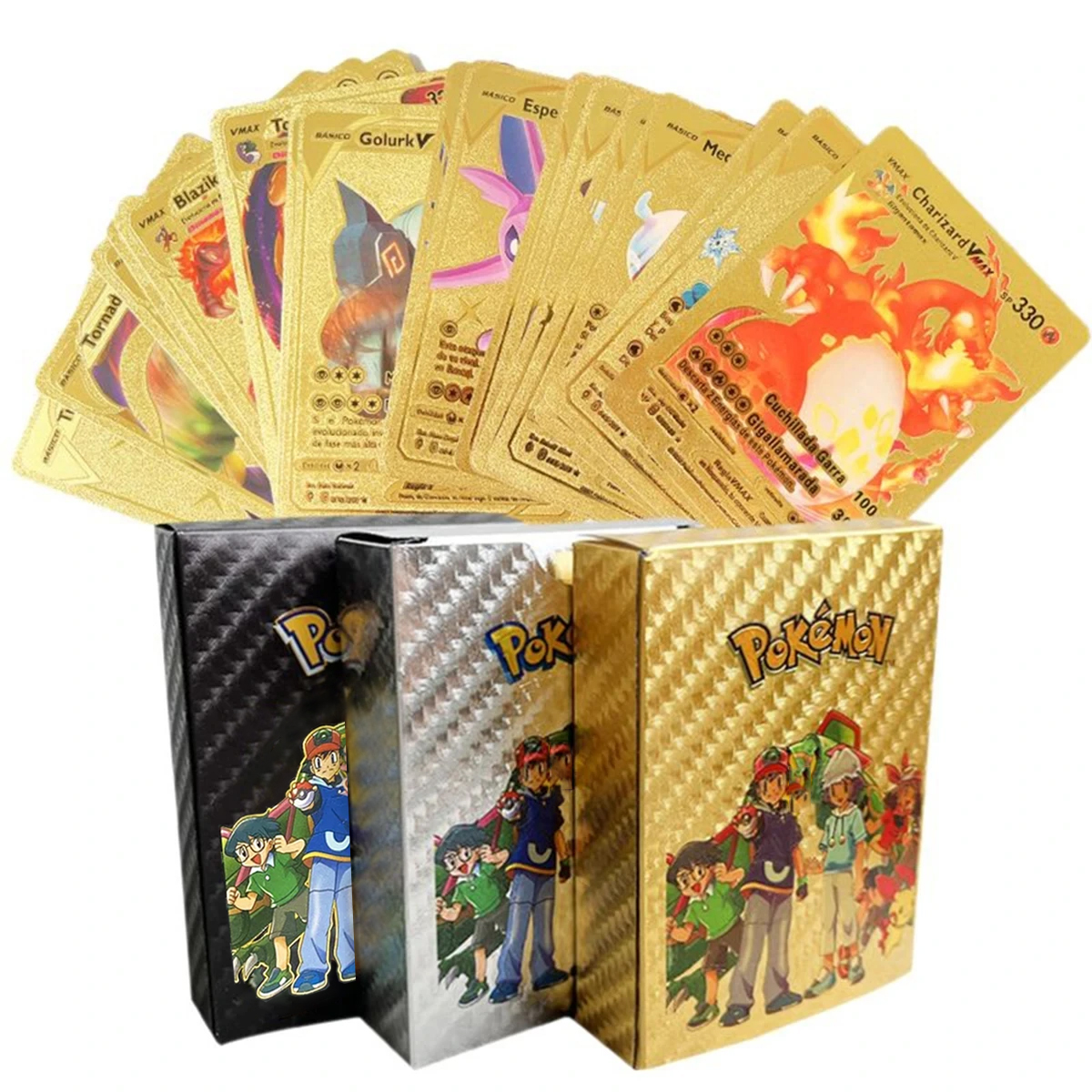 10-55 Pçs Pokemon Cartões De Folha De Ouro Metalicas Douradas Letras Charizard Vmax GX Série Inglês Espanhol Jogo Coleçã