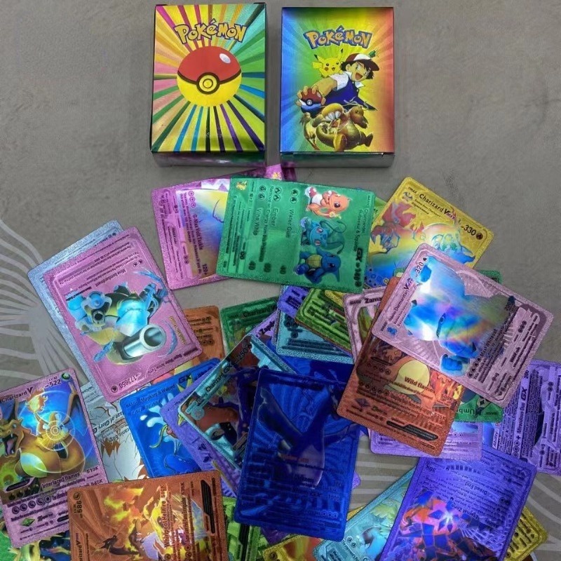 [Liquidação] 55 Cartas Pokémon Coloridas Cartões de Metal Dourado Vmax GX Cartão de Energia Charizard Pikachu Coleção