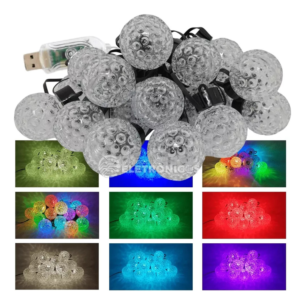 Varal 6 Metros USB 20 LEDs Bolinha Cristalizada Efeito Multicolor RGBW Controle Por Som TB1872