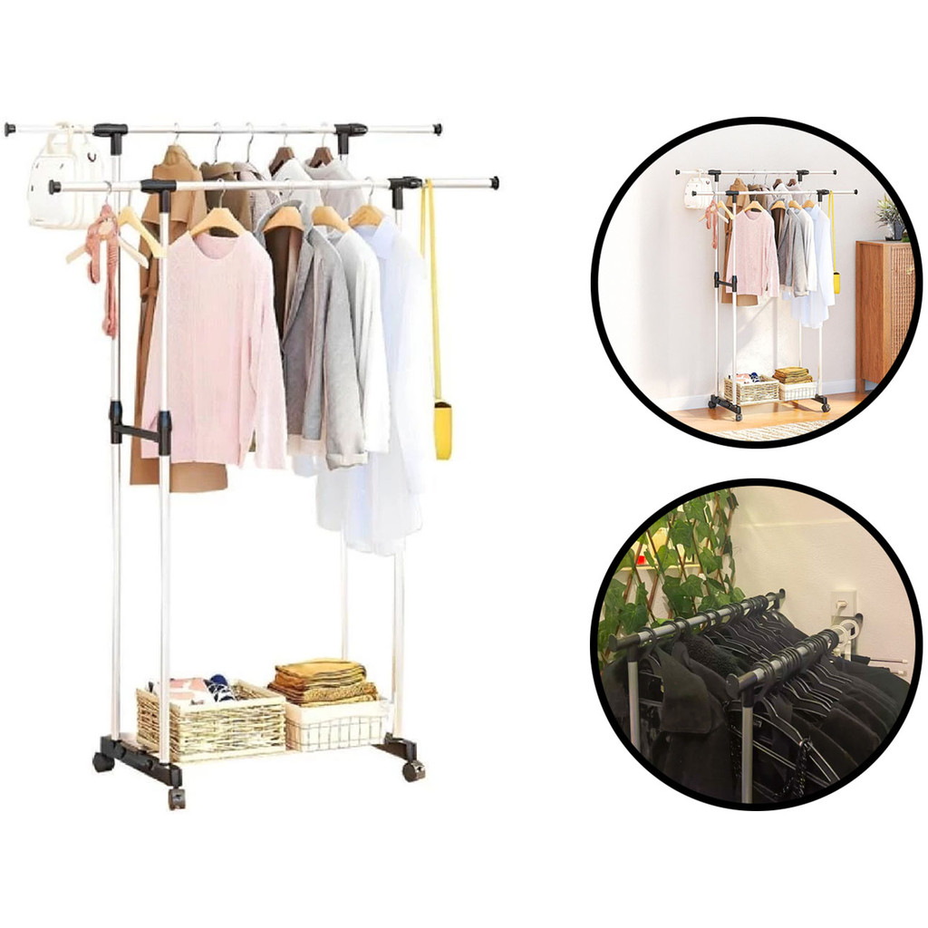 Arara Dupla Regulável Organizador Para Roupas Cabideiro Closet Com Sapateira Rodinhas Top Rio