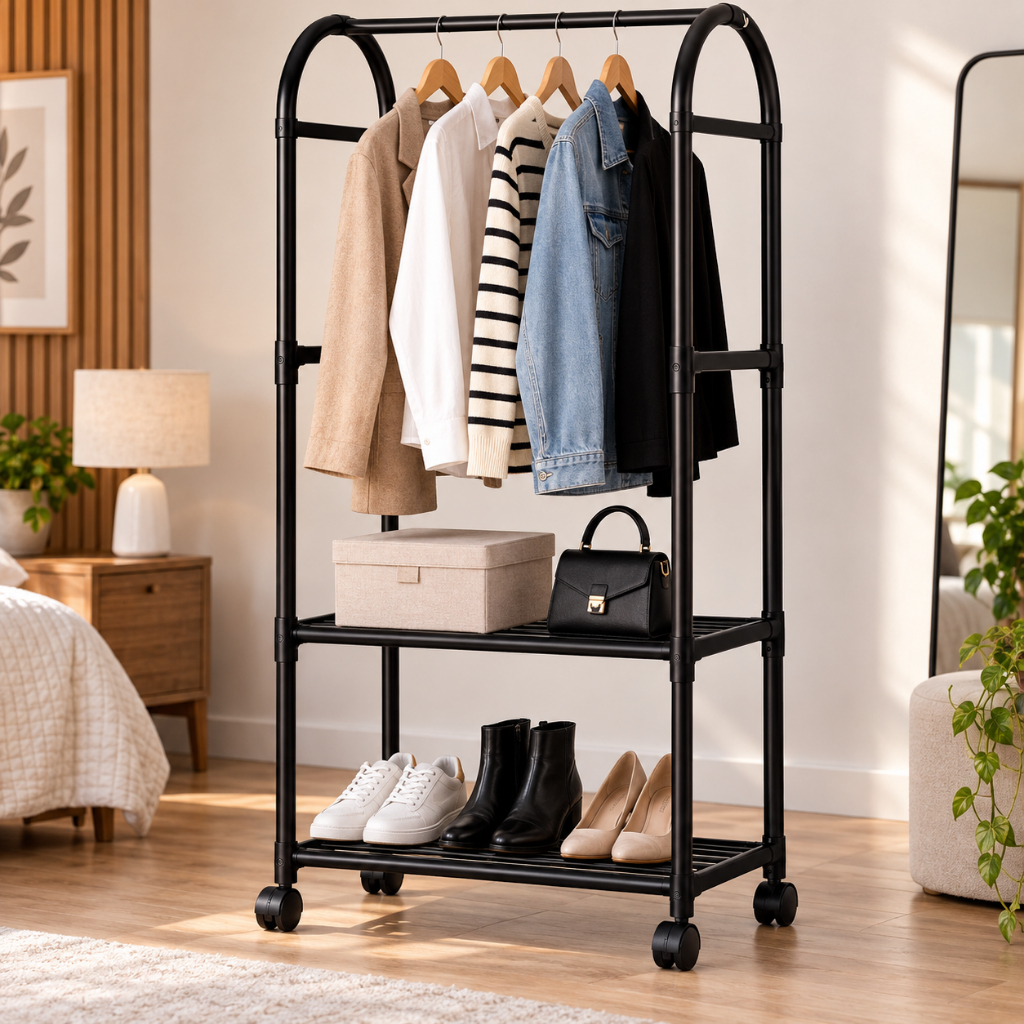 Arara de Roupas Cabideiro Organizador Multiuso com 2 Prateleiras e Rodízios para Quarto Closet Preta Top Rio