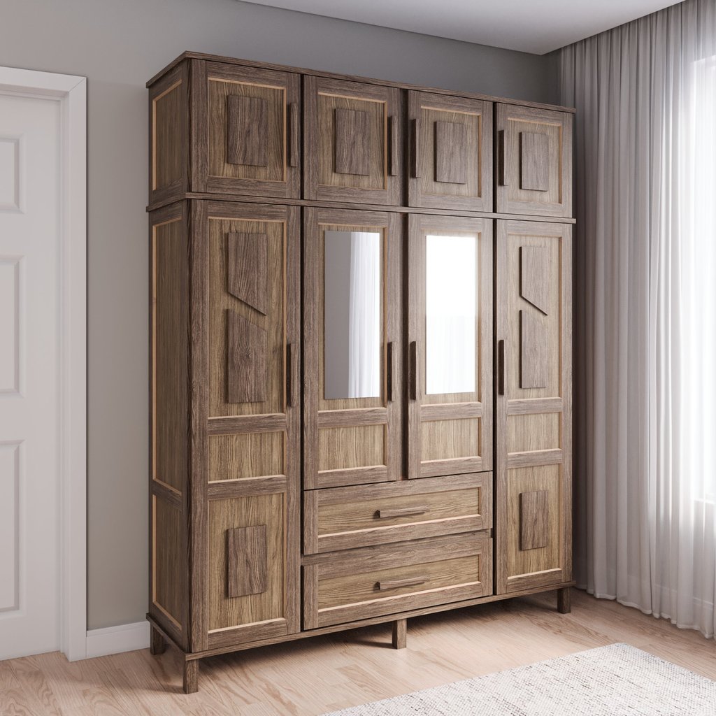 Guarda-Roupa Solteiro com Espelho 8 Portas 2 Gavetas Rio Branco Marrom/Imbuia Imbuia Natural