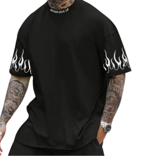 Camiseta Oversized Mangas Fogo Maculina Estampada Streetwear Grande 100% Algodão