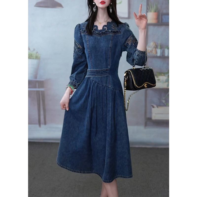 French-style elegant courtly denim dress with a waist-cinching design that is slimming, classic, versatile, fashionable,