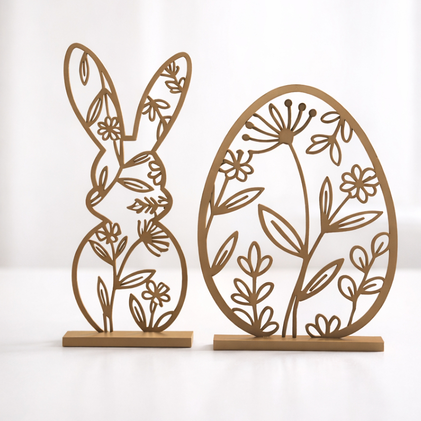 Decoração de Páscoa Coelho e Ovo Floral Vazado 2 Peças